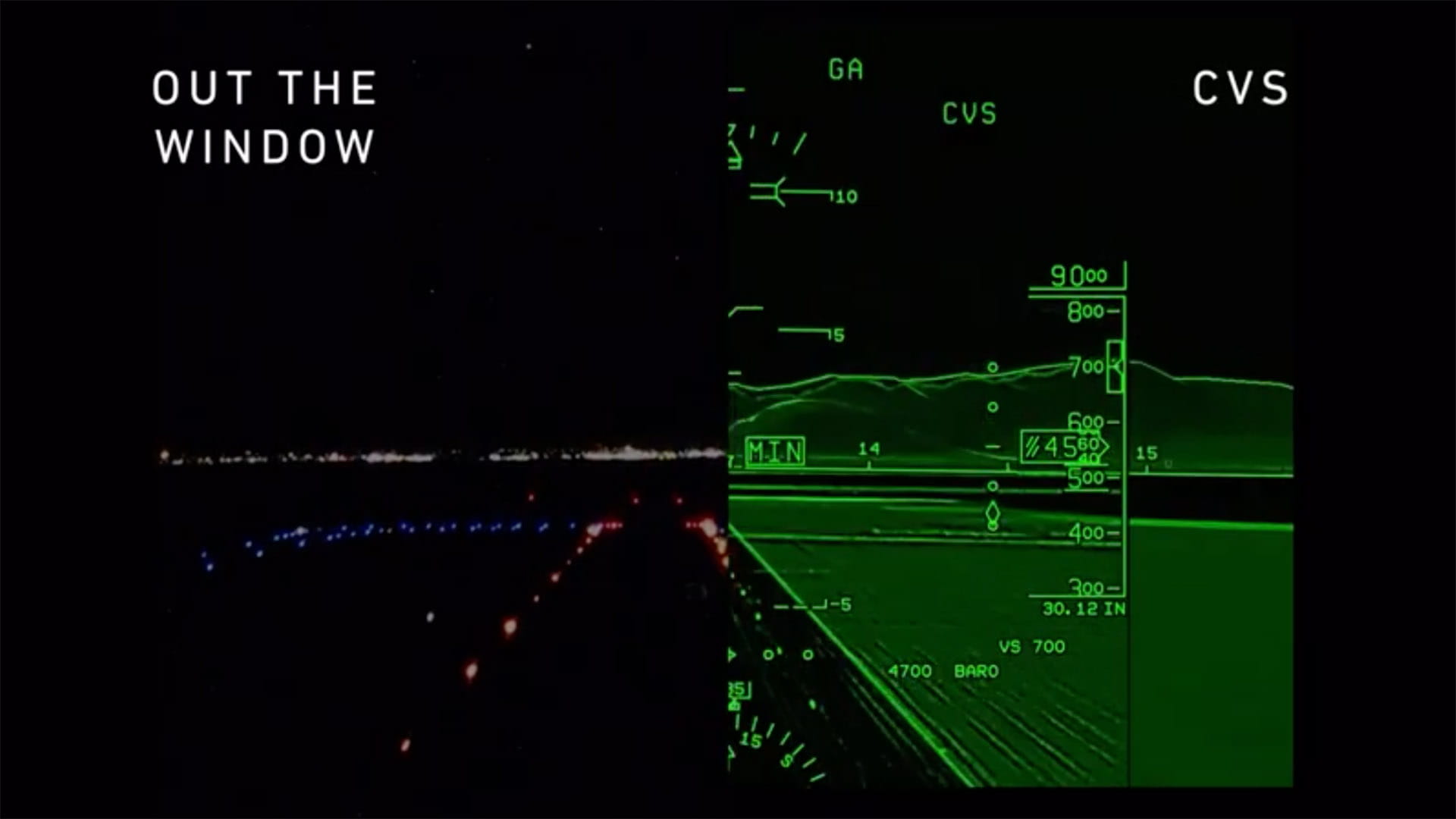 Comparison of a view out the window of an aircraft vs. the same view through Collins Combined Vision System (CVS)