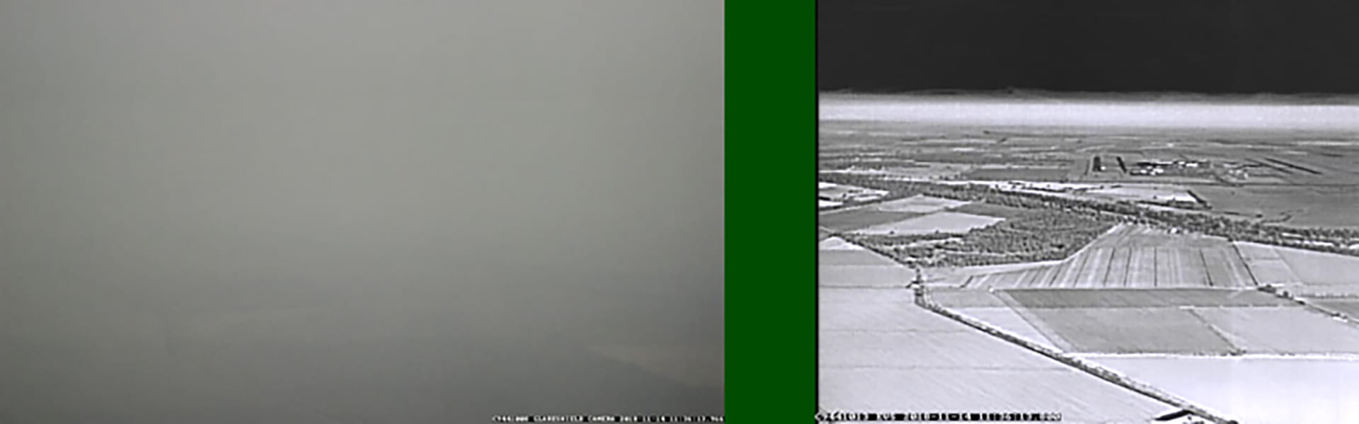 Comparison of a view out the window of an aircraft obscured by smoke and fire vs. the same view through Collins EVS-3600